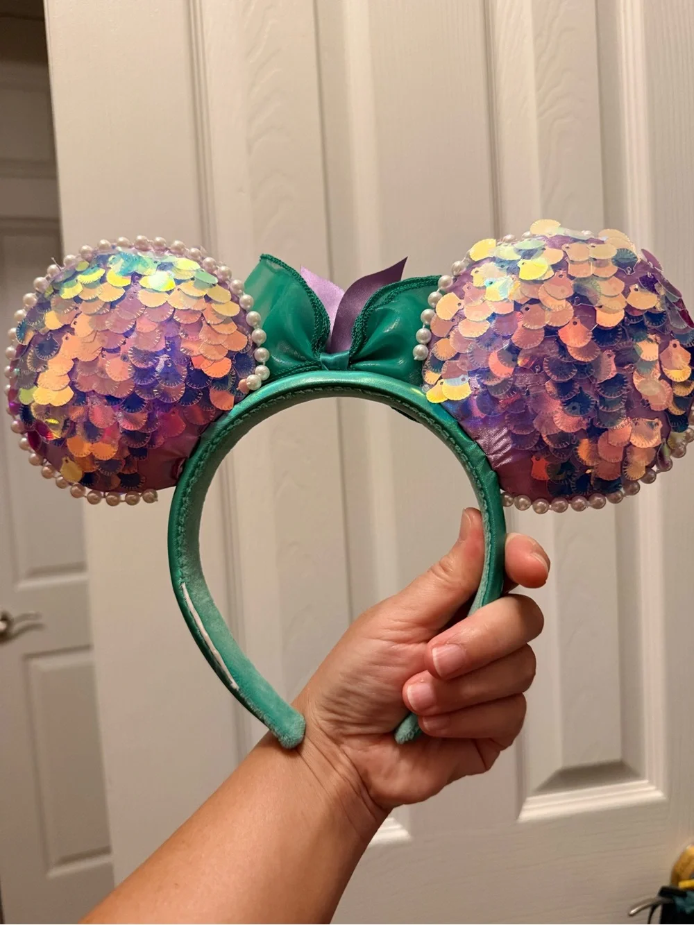 Sequin Disney Little Mermaid Ariel Ear Headband with Green Bow